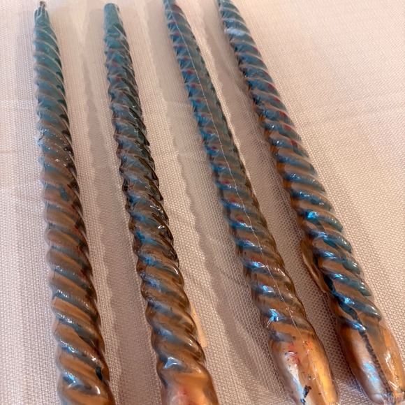 4 Twisted Taper Candles Green Gold Metallic Spiral Design - Picture 2 of 4